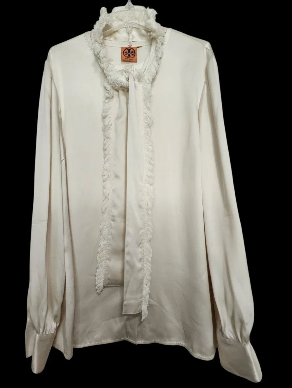 Tory Burch Cream Silk Removable Fringe Tie Bow Neck Blouse Long Sleeve SZ 14
